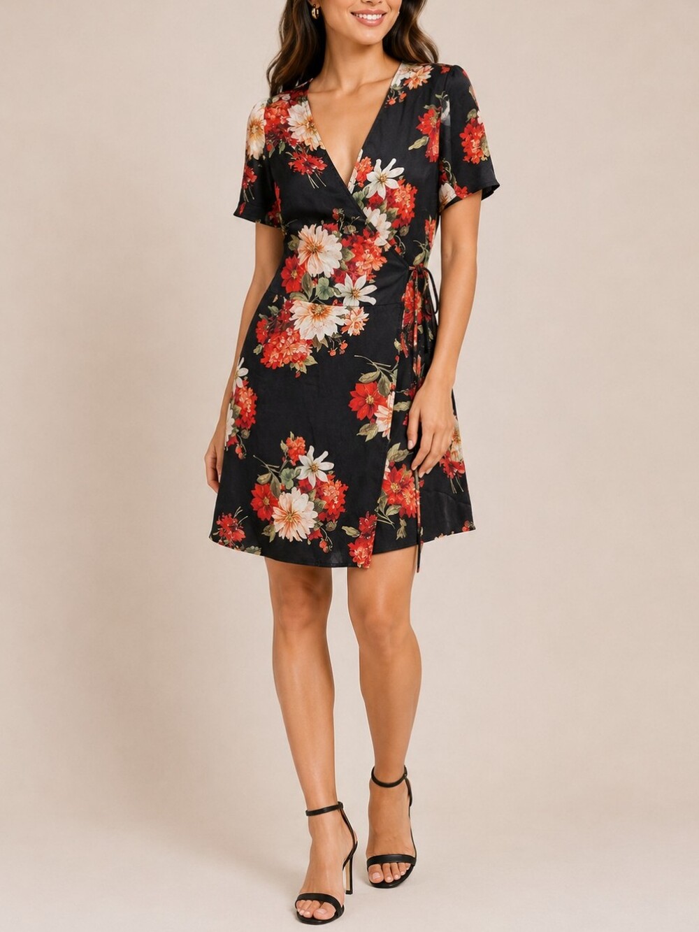 JNSQ Mulberry Silk Floral Wrap Dress - Black with Red & Cream Blooms Size 10